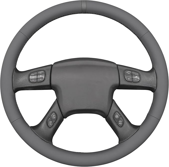 MEWANT Hand Stitched Steering Wheel Cover for Chevy Silverado 1500 2003-2006 DIY Gray Faux Leather Steering Wheel Wrap