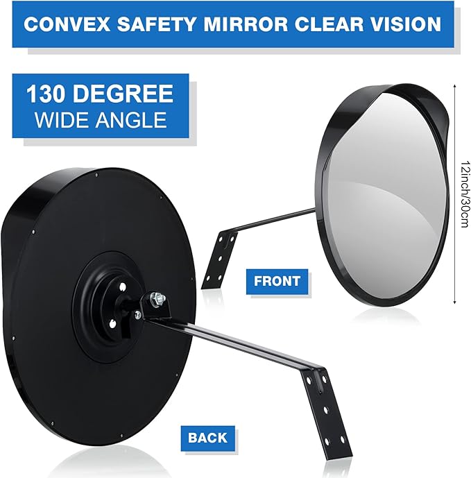 2 Pieces Acrylic Convex Mirror 12 Inch Outdoor Security Corner Mirror with Adjustable Fixing Bracket Clear Safety Mirrors for Driveway Parking Garage Warehouse Indoor Blind Spot