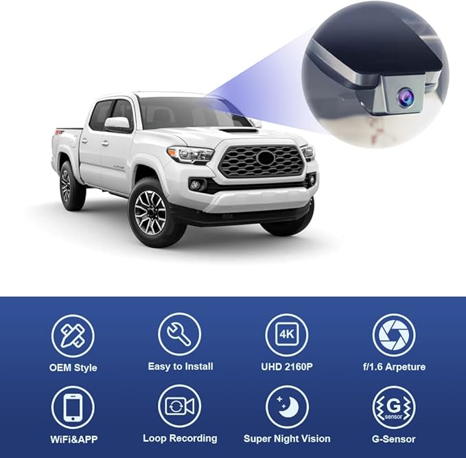 Fitcamx 4K Dash Cam Compatible with Toyota Tacoma 2018 2019 2020 2021 2022 2023 Limited SR5 SR TRD Sport Off-Road Pro, OEM Fa