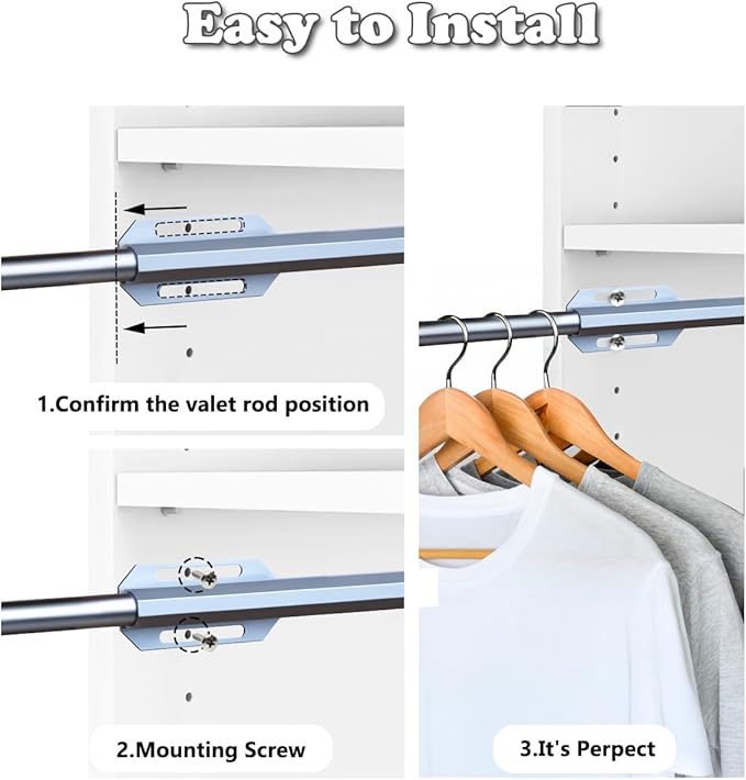 Valet Rod for Closet Pull Out, 12" Adjustable extending closet rod, Standard Retractable closet rod organization rack, Valet 