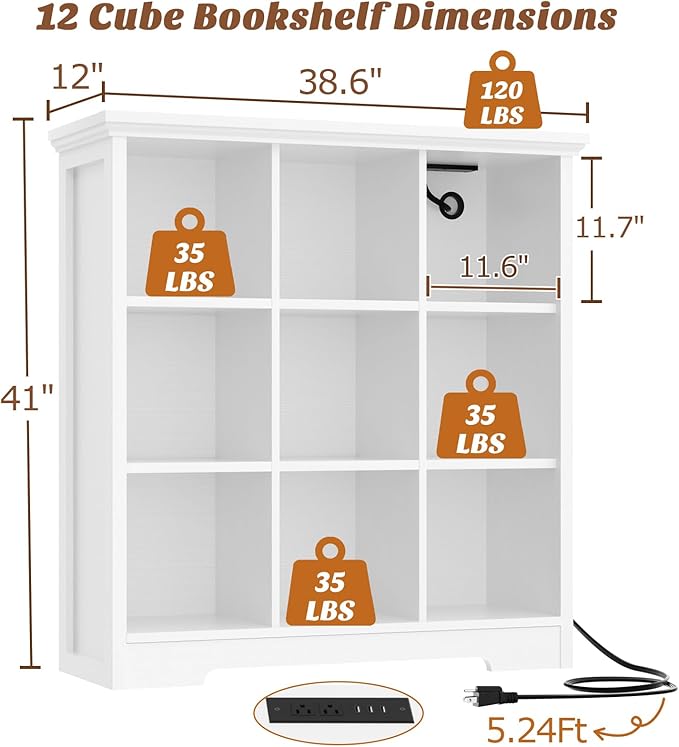 Aheaplus Wooden 9-Cube Storage Organizer with Charging Ports, Modern Cube Bookcase with Base, 4-Tier Floor Standing Open Cubb
