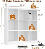 Aheaplus Wooden 9-Cube Storage Organizer with Charging Ports, Modern Cube Bookcase with Base, 4-Tier Floor Standing Open Cubb
