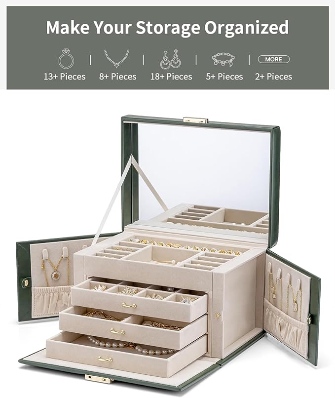 Vlando Jewelry Box for Girls, 4-Tier Jewelry Organizer with Lock, Mirror Jewelry Box for Earring, Ring, Necklace and Bracelet