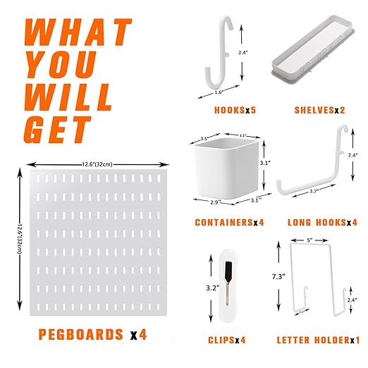 Peg Board Combination Kit, 4 Pegboards with 20 Accessories, Pegboard Wall Organizer for Office, Nursery & Home Storage, Key H