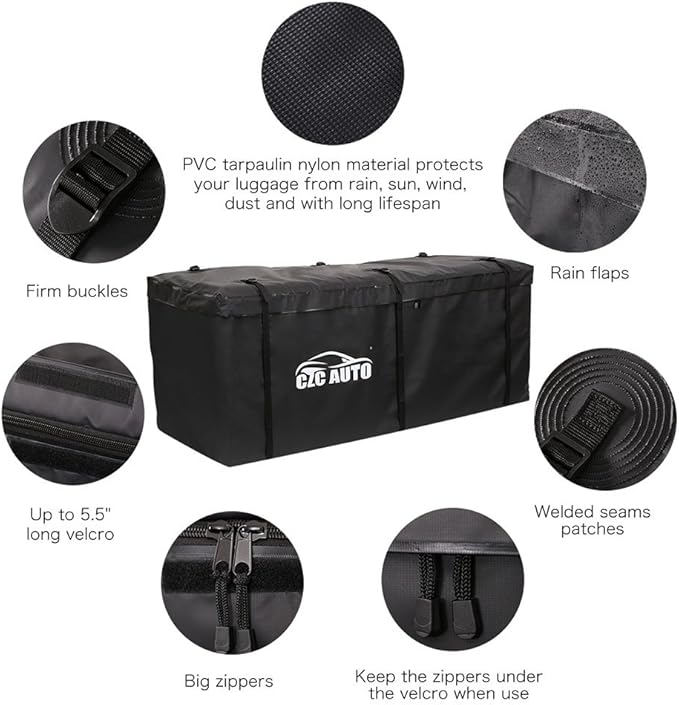 CZC AUTO Hitch Cargo Carrier Bag, 20 cu. ft Waterproof/Rainproof/Weatherproof Cargo Traveling Bag for Car Truck SUV Vans' Hitch Trays and Hitch Baskets, Safe Steady Durable Soft, Black