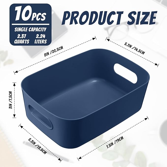Zopeal Plastic Storage Bins 10 Pcs Blue Pantry Organizer Bins Small Baskets Storage Containers for Home Kitchen (8 x 5.7 x 3 