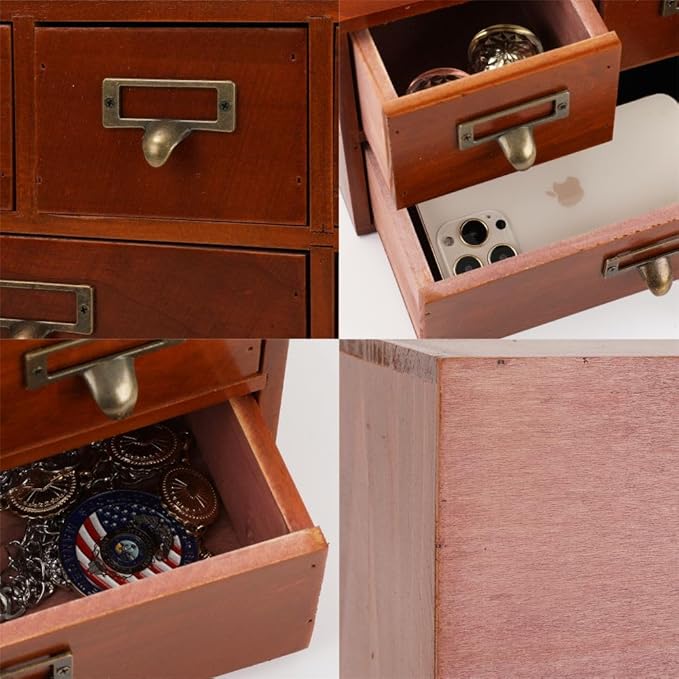 Apothecary Drawers Wooden Storage Box with 6 Drawers Vintage Countertop Wooden Drawers Apothecary Cabinet Library Card Catalo