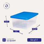 HOMZ 4-Pack Snaplock, Small Clear Plastic Storage Organizer Bins w/Lids, 12 Quart, Blue - Stackable Container Boxes for Bedro