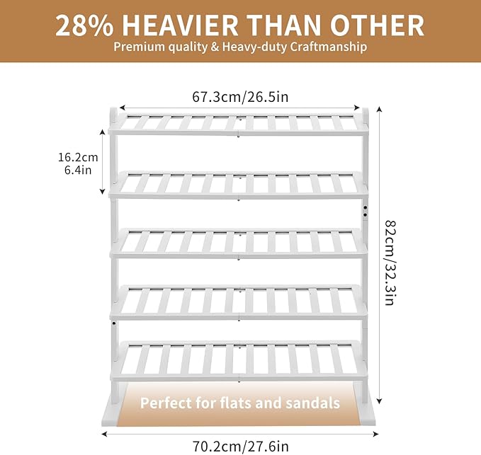 Varhomax White Shoe Rack, 5-Tier Bamboo Shoe Rack Organizer for Closet and Entryway, Thick Wooden Free Standing Shoe Shelf fo