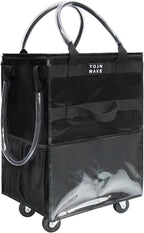 Reusable Grocery Bag with Wheels (Large, Black), Shopping Trolley with 8 Pockets and Zipper Cover Foldable Rolling Tote for Women, Kitchen, Travel, Carries Up to 66LBS