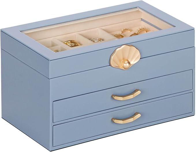 Enthralite Jewelry Box with 2 Drawers: Jewelry Display Organizer for Earrings Necklaces - Gifts for Girls Women (Grey Blue)