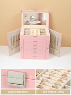 BOOVO Jewelry Box For women, 6 Layer Large Jewelry Organizer With Mirror, Multi-Function Storage Box With Lock, Necklace Hold