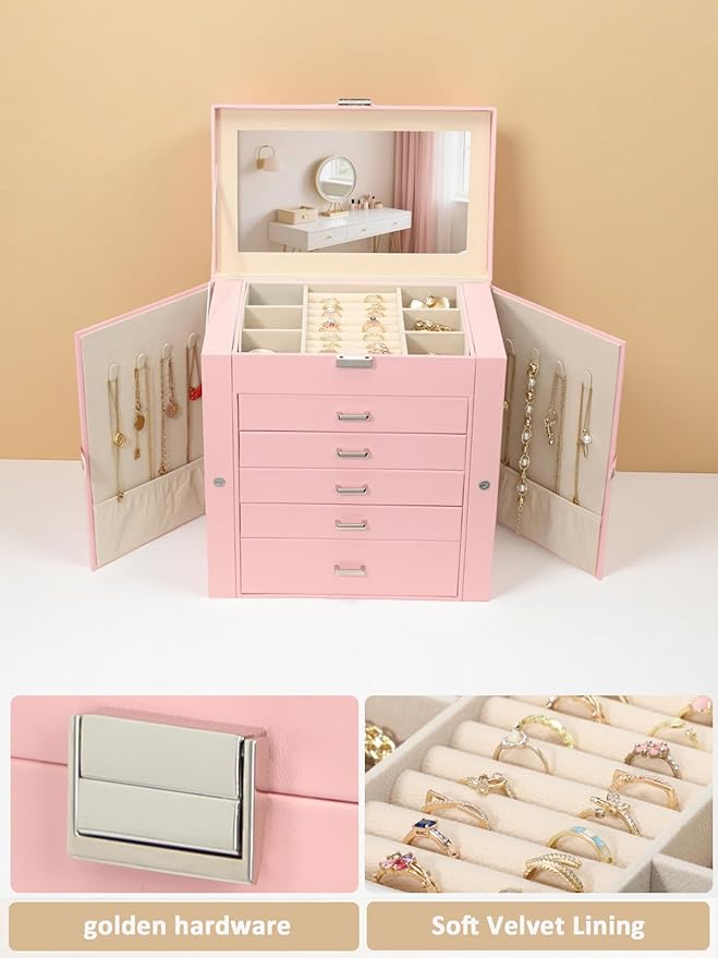 BOOVO Jewelry Box For women, 6 Layer Large Jewelry Organizer With Mirror, Multi-Function Storage Box With Lock, Necklace Hold