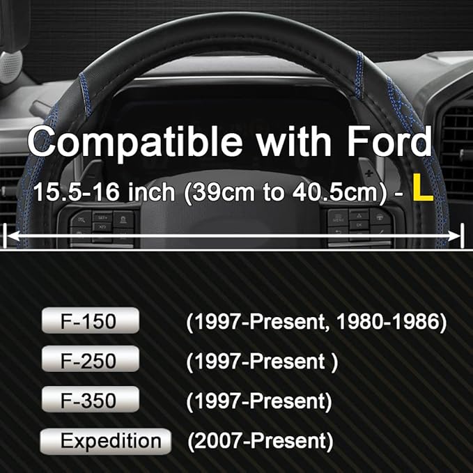 West Llama Customized Auto Car Steering Wheel Cover for Ford F-150, F-250, F-350, Expedition(Diamond Quilted - Black+Blue)
