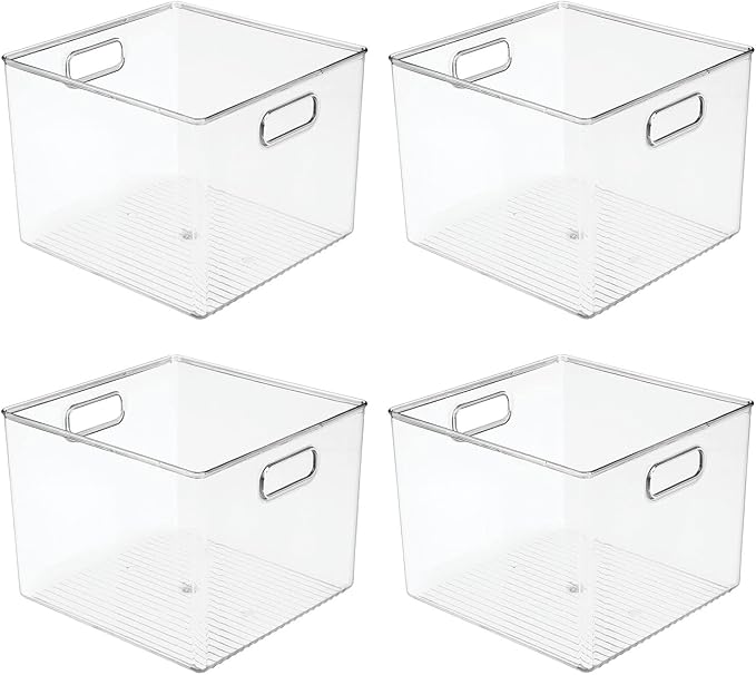 mDesign Plastic Modern Storage Organizer Bin Basket with Handles - 4 Pack - Clear