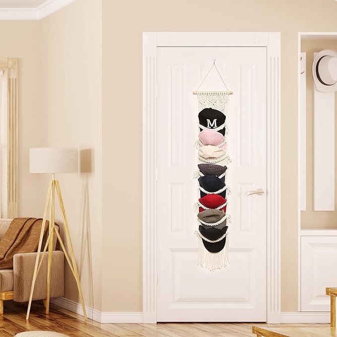 jontell Boho Ball Cap Hanger-2 Pack-Boho Macrame Cap Holder Wall Hat Organizer for Baseball Cap Holder Over Door, Hat Rack fo