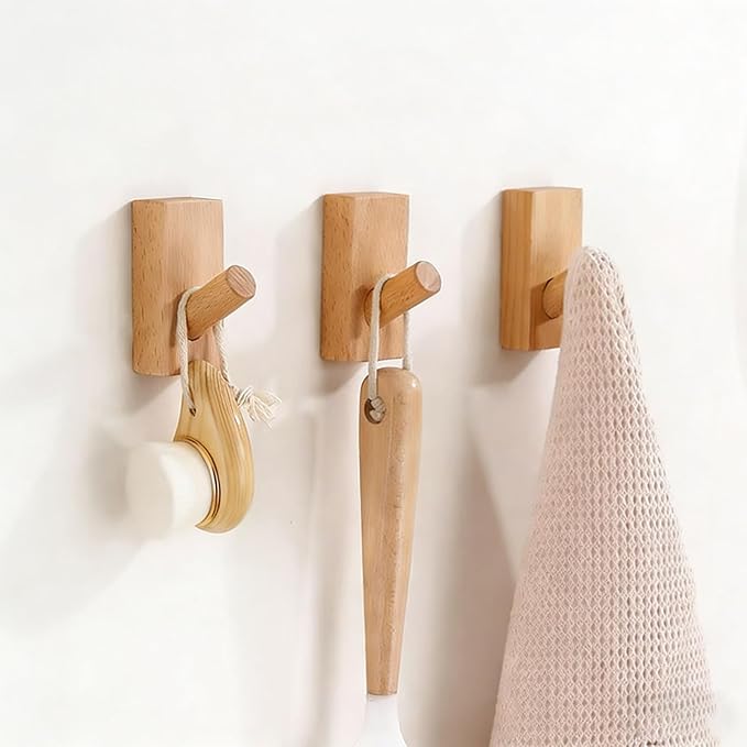 HomeDo 4Pack Adhesive Wall Hooks Hat Rack, Wooden Coat Hooks Wall Mounted, Decorative Hooks Single Organizer Hat Hanger Towel