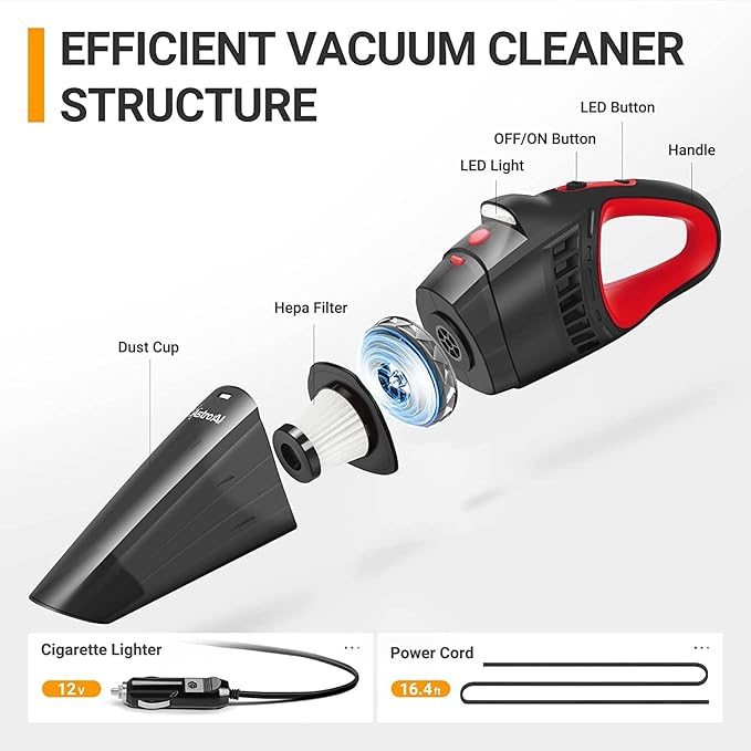AstroAI Car Vacuum Cleaner, Portable Handheld Vacuum and Car Accessories, 16.4 Ft Cord-12V DC Power, LED Light, w/3 Attachmen