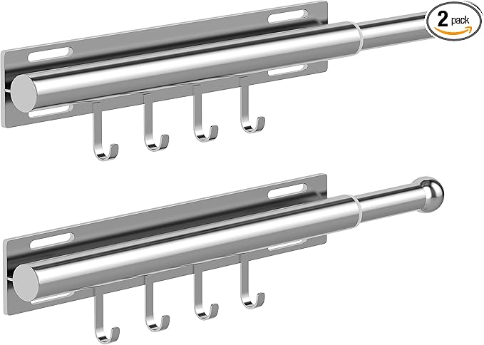 2 Pack Valet Rod for Closet Retractable with 4 Hooks, 13.4"-23.2" Pull Out Clothes Rail, Heavy Duty Alloy Steel Side Mount Wa