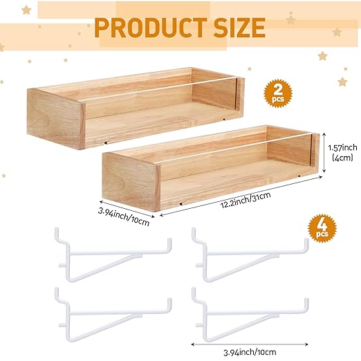 Marsui 2 Pcs Wooden Pegboard Shelf with Acrylic 12.2 x 3.94 Inch Wood Display Shelves Brackets with Metal Hooks Heavy Duty Pe