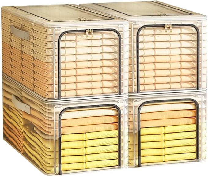 byg 56L Closet Organizer Storage Bin Waterproof Ttansparent Storage Bins Stackable Foldable Steel Frame storage Boxes for Com
