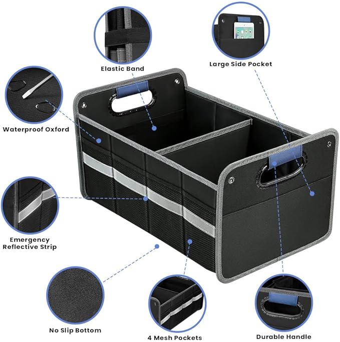 Car Trunk Organizer for SUV, Car Storage Organizer Reinforced Handles, Collapsible Multi-Compartment Foldable and Waterproof