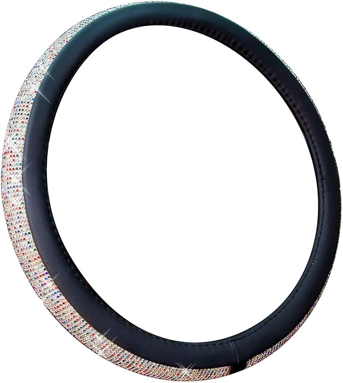 New Diamond Leather Steering Wheel Cover with Bling Bling Crystal Rhinestones, Universal Fit 15 Inch Car Wheel Protector for 