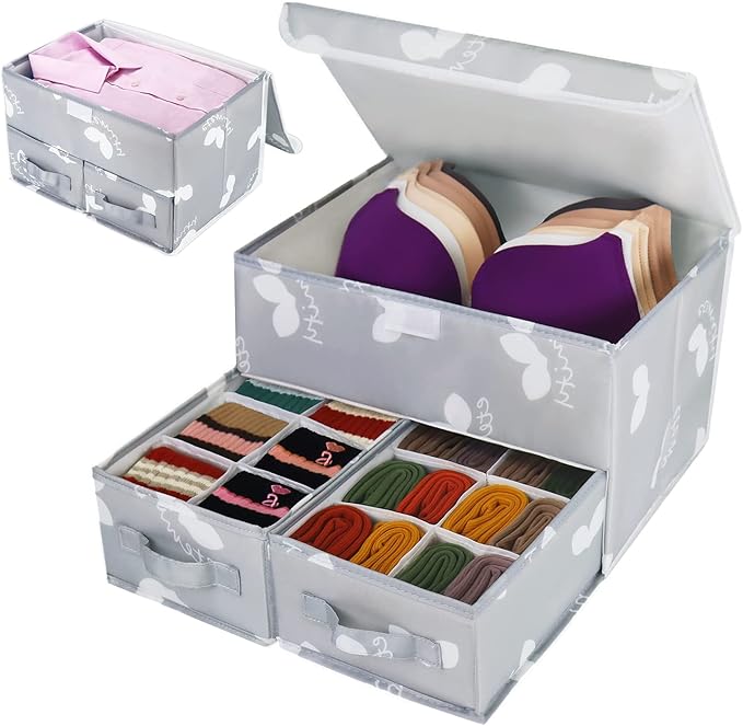 EASEVE Sock Underwear Drawer Divider - Closet Organizers and Dresser Organizer Wardrobe Clothes Box Storage Bins with Lid for