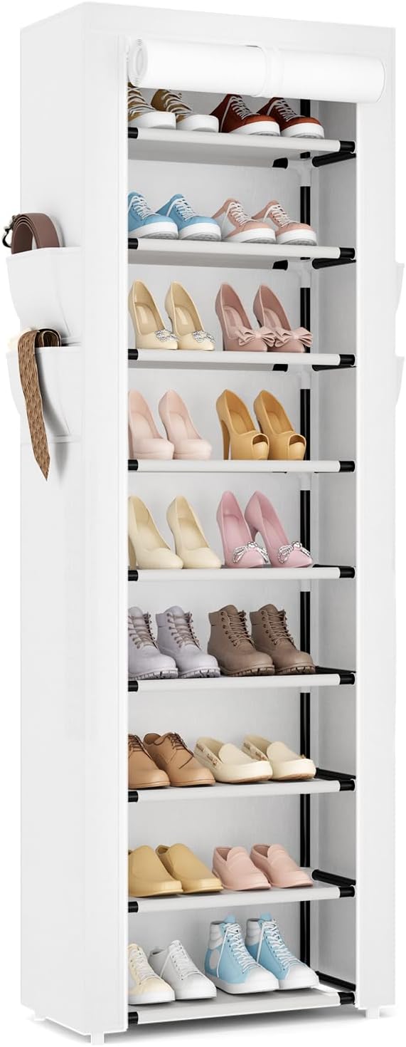 VILICK Shoe Rack with Cover Narrow Shoe Rack Organizer with 4 Side Pockets 10 Tier Tall Shoe Storage Shoe Shelf Holds 18-22 P