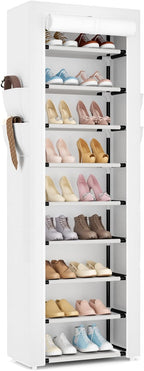 VILICK Shoe Rack with Cover Narrow Shoe Rack Organizer with 4 Side Pockets 10 Tier Tall Shoe Storage Shoe Shelf Holds 18-22 P