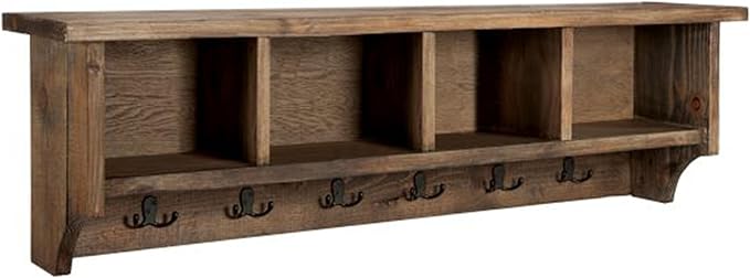 Alaterre Furniture Pomona Entryway Organizer – Rustic Farmhouse 48-Inch Wall-Mounted Coat Rack with 6 Double Hooks & 4 Open C
