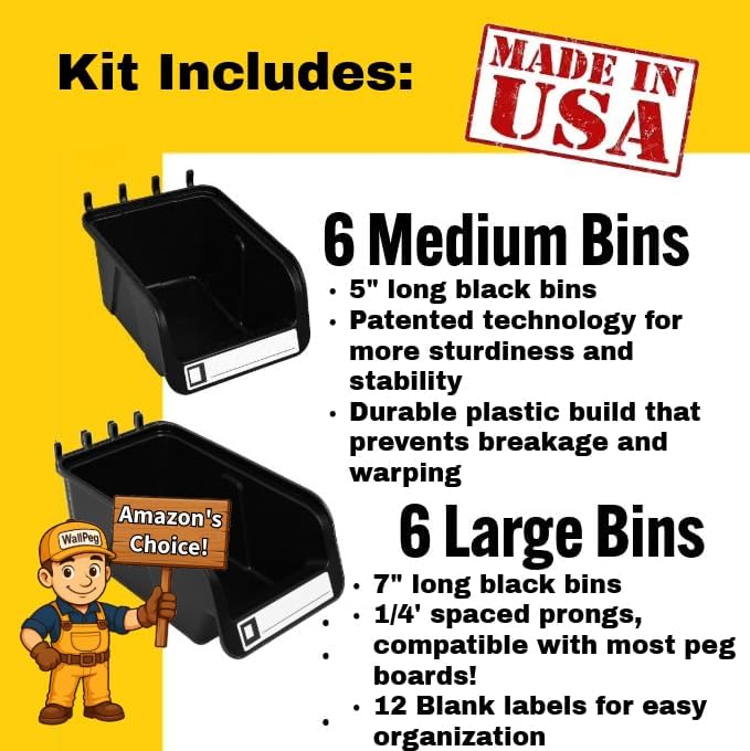 WallPeg Pegboard Bins - 6 Each 7" & 6 Each 5" ORGANIZING Bins - Hooks to Peg Board Panel Organize Hardware Arrange Accessorie