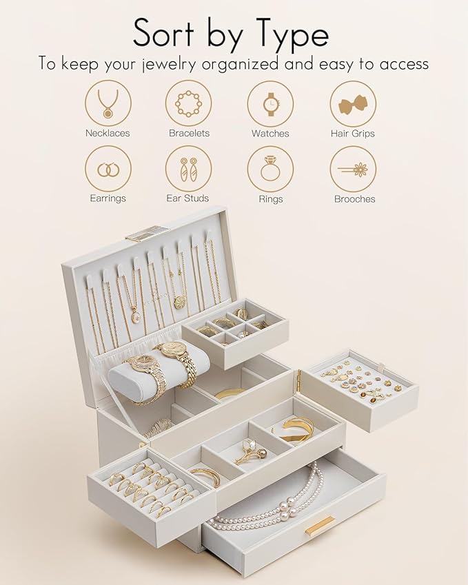 VLANDO 3 Layer Jewelry Box - Women Jewelry Box with Retractable Tray - Jewelry Organizers with Drawer for Necklaces, Rings, B