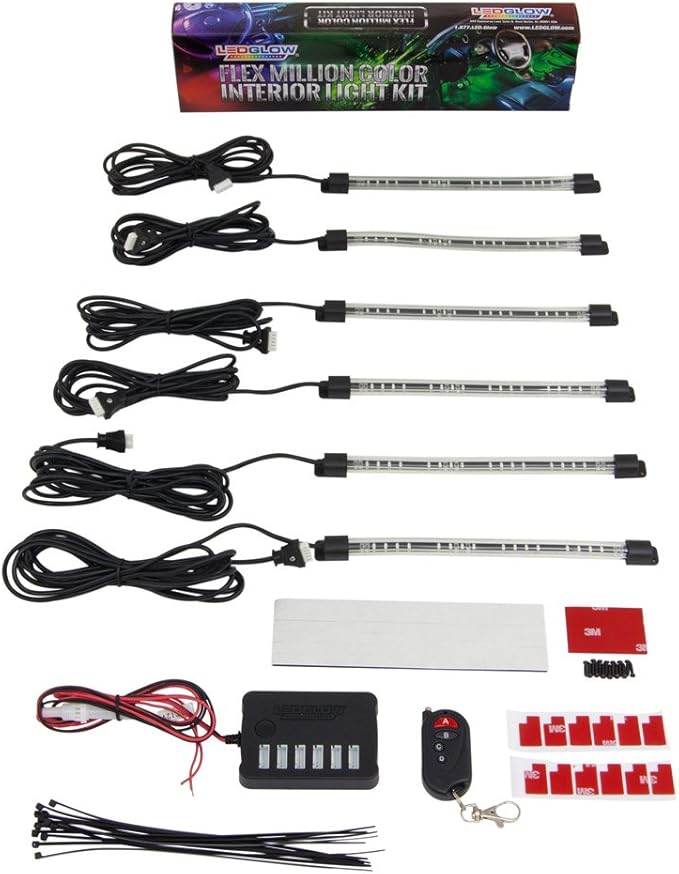 LEDGlow 6pc Flexible Million Color Multi-Color LED Interior Footwell Underdash Neon Lighting Kit for Cars & Trucks - 15 Solid Colors - 10 Unique Patterns - Music Mode - Includes Control Box & Remote