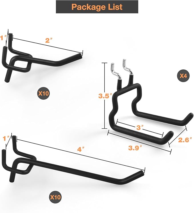 G.CORE 24-Pack Pegboard Hooks, 2" 4" Peg Board Tool Utility Hangers Fit 1/4" Pegboards, Heavy Duty Metal Shelving Brackets, W