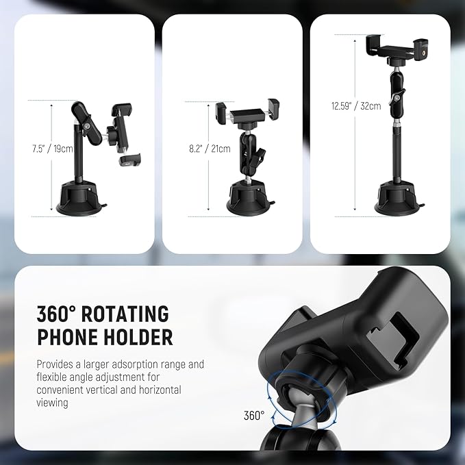 NEEWER Phone Holder for Your Car, 360° Rotating Vacuum Suction Cup Metal Cell Phone Mount Extended Magic Arm Compatible with iPhone Samsung for Windshield Skylight Navigation Video Recording, PA137