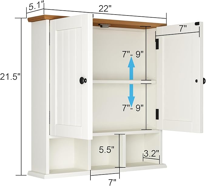 ChooChoo Bathroom Cabinet Wall Mounted 2-Door with 3 Open Shelves， Wooden Medicine Cabinets with Adjustable Shelf，Space Saver