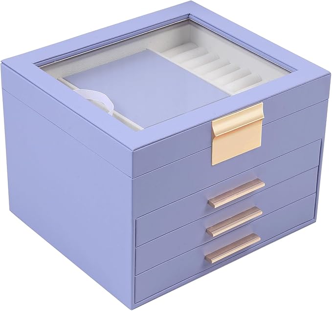 BOOVO Clear Lid Jewelry Box,4 Layers Jewelry Organizer Large Jewelry Storage Box with 3 Drawers,Jewelry Holder Organzier of R
