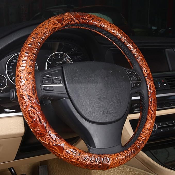 Leather Auto Car Steering Wheel Cover,Anti Slip Universal 15 Inch,Brown Crocodile with Rose Grain