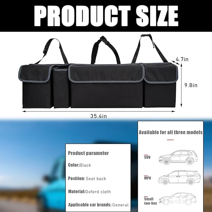 Car Trunk Organizer, Oxford Backseat Storage Bag with 4 Pockets, Waterproof Adjustable Large Capacity Hanging