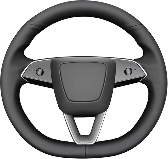 MEWANT Hand Stitched Matte Carbon Real Leather Steering Wheel Cover Wrap for Tesla Model 3 Highland 2023 2024 2025 Steering Wheel Accessories Black Thread