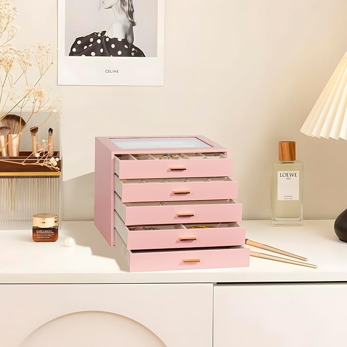 Jewelry Box with Glass Lid, 5-Layer Jewelry Organizer for Women Girls, PU Leather Display Case with 20-Grid Earring Tray & Mo