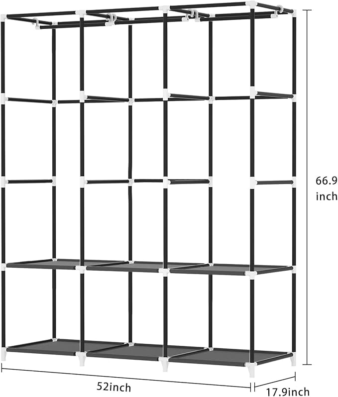 LOKEME Portable Closet, Portable Closets for Hanging Clothes with 3 Hanging Rods and 6 Storage Shelves and 4 Side Pockets, Bl