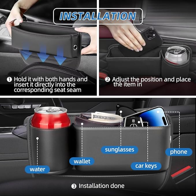 Leather Car Seat Gap Organizer, 2 Pack Adjustable Car Seat Storage Box, Car Gap Bag for Phones, Glasses, Keys, Cards(Black Driver's Passenger)