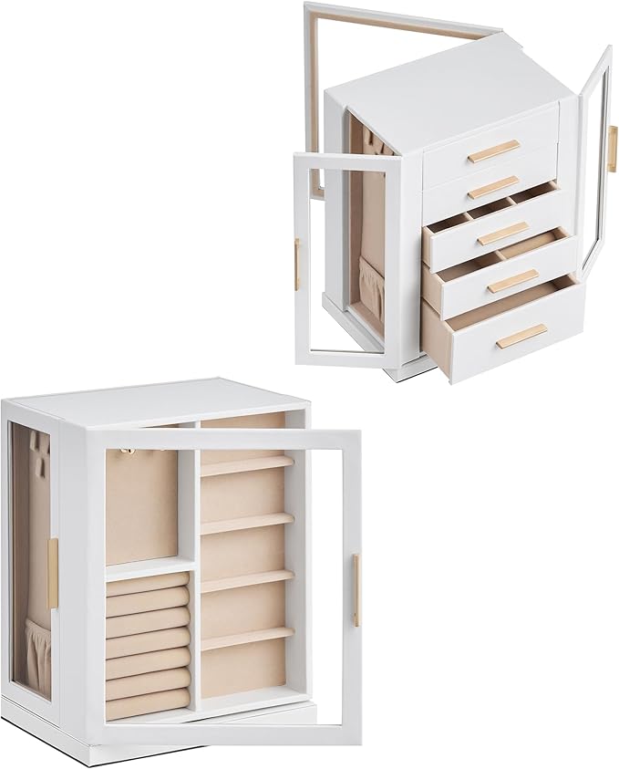 Glimmloop 360° Rotating Jewelry Box with 5 Drawers, Spacious Vertical Jewelry Organizer with Glass Window, Jewelry Storage Ca