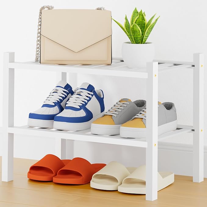 Smiry Shoe Rack, 2 Tier Thick Small Bamboo Shoe Organizer, Stackable Free Standing Wooden Shoe Storage Shelf for Closet, Entr