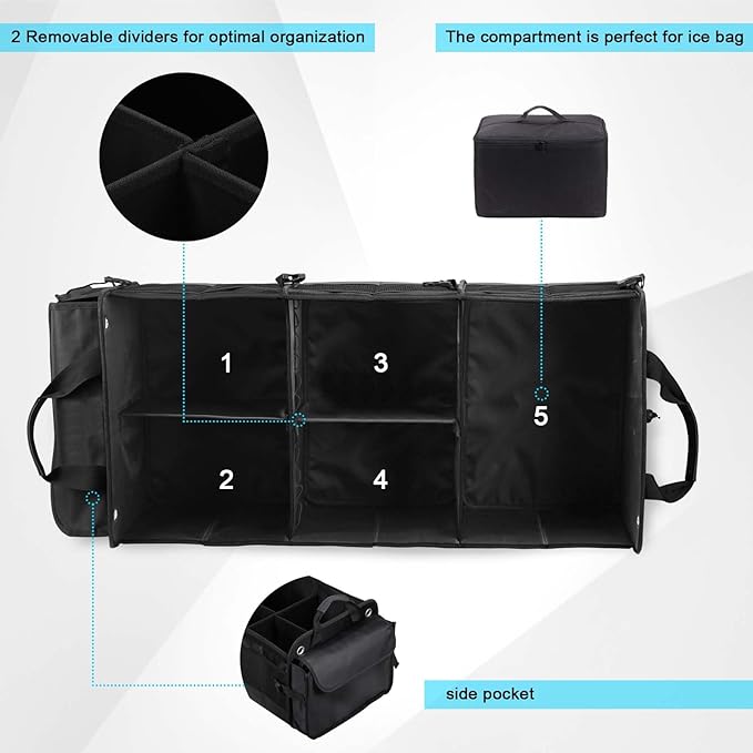 Large Trunk Organizer for Car, SUV, Truck with Removable Cooler Bag-Collapsible Multi Compartments w/Foldable Cover, Non Slip