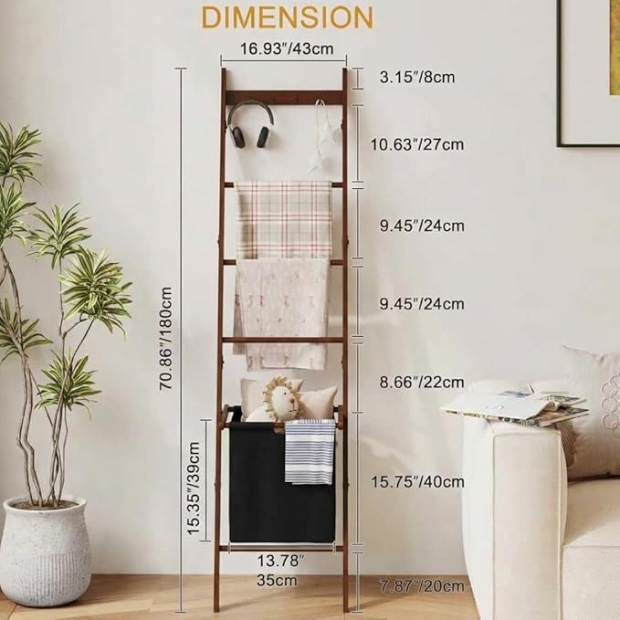 BAMBANG Bamboo Blanket Ladder with Basket, 5-Tier Quilt Rack Stand with 4 Hooks & Storage Hamper for Living Room Bathroom, Wa