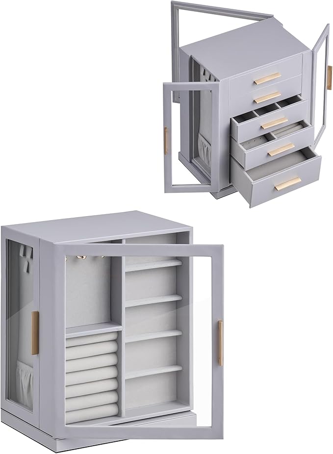 Glimmloop 360° Rotating Jewelry Box with 5 Drawers, Spacious Vertical Jewelry Organizer with Glass Window, Jewelry Storage Ca