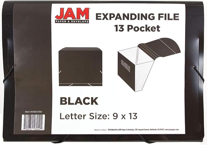 JAM PAPER Accordion Folders - 13 Pocket Plastic Expanding File - Letter Size - 9 x 13 - Black - Sold Individually
